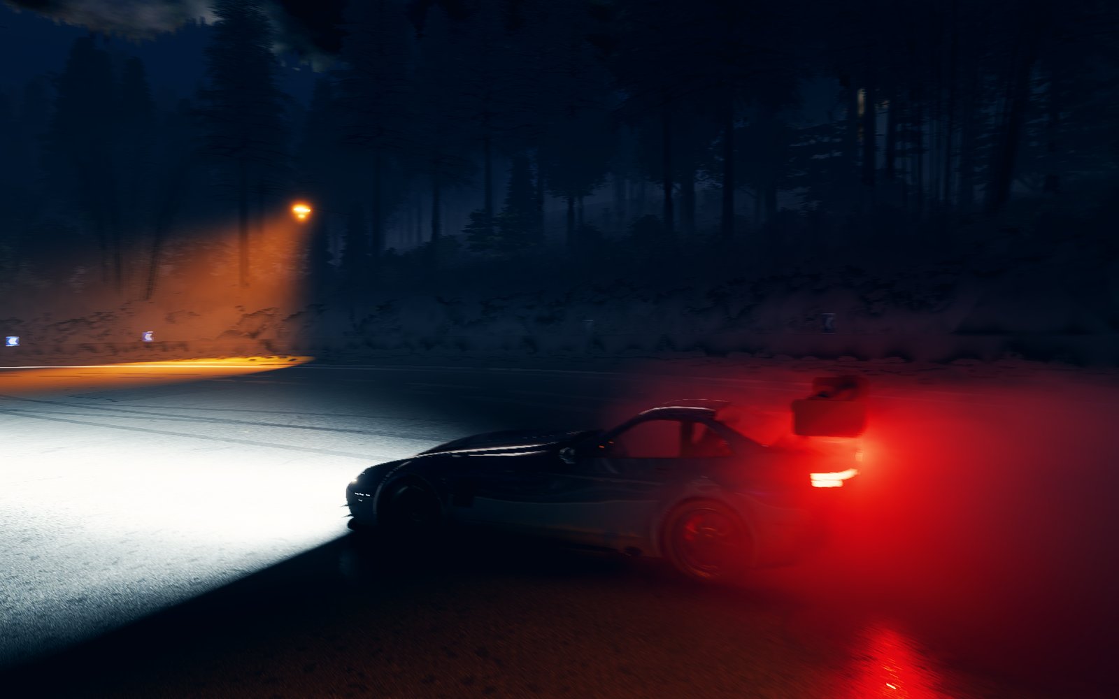 Replay view of the car from a low roadside camera